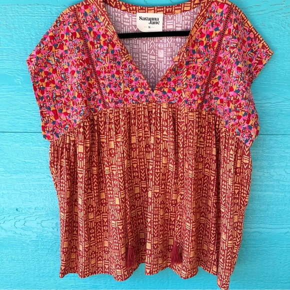 SAVANNA JANE EMBROIDERED BOHO TOP V- NECK SHOULDER SLEEVES SIZE 1X - Picture 1 of 12